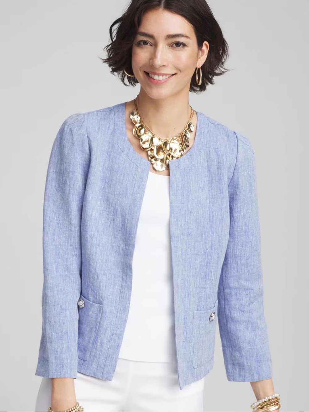Chicos Collarless Linen Blazer XL Sz 3 Blue Chic minimalist Quiet Luxury coastal